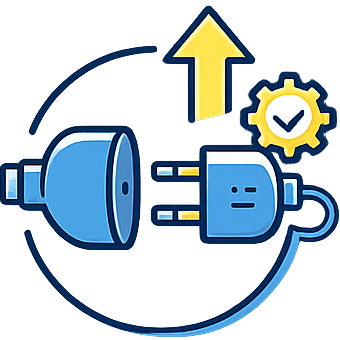 Abbildung: Erneuerung Stecker mit Pfeil nach oben und Zahnrad, symbolisiert technische Anpassung und Verbindung.